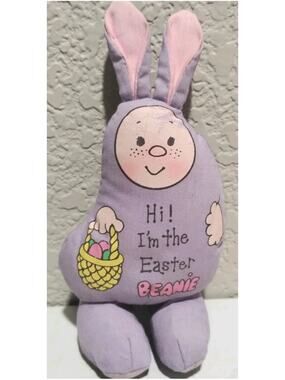 Vintage Human Bean 1982 HI! I'M THE EASTER BEANIE! Purple Bunny Ears Plush RARE